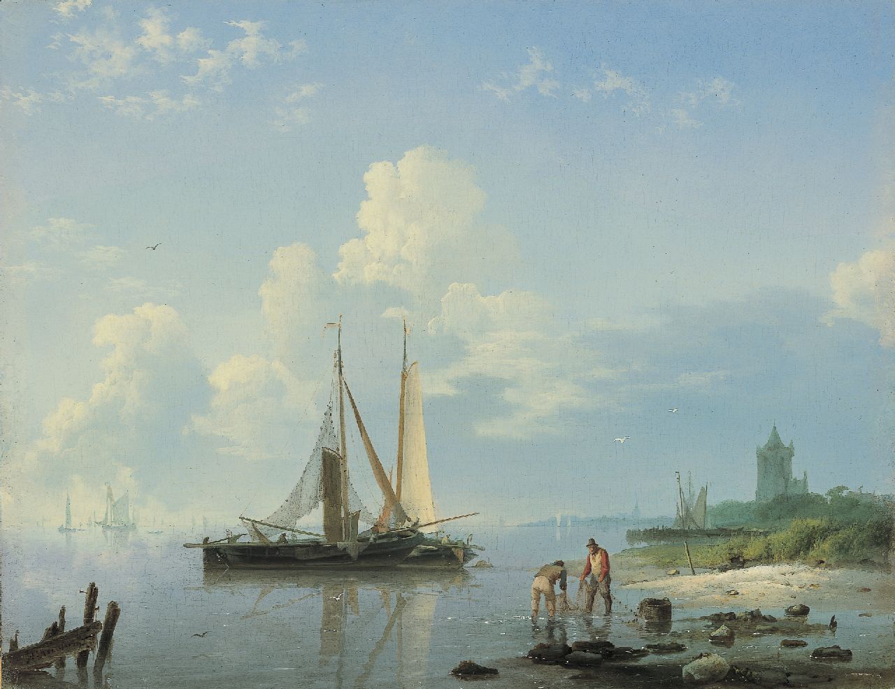 Koekkoek H.  | Hermanus Koekkoek, Shipping in a calm, Öl auf Holz 21,5 x 27,6 cm, signed l.l. und painted between 1833-1836