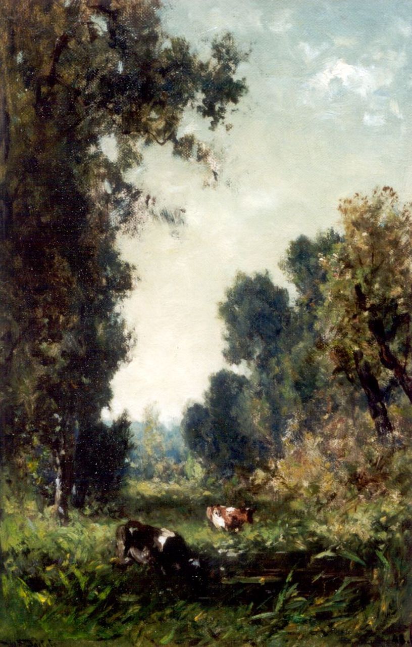 Roelofs W.  | Willem Roelofs, A forest landscape with watering cows, Öl auf Leinwand auf Holz 43,7 x 28,7 cm, signed l.l.
