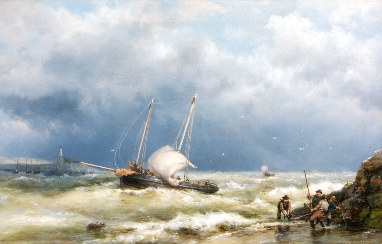 Koekkoek H.  | Hermanus Koekkoek, Shipping in a stiff breeze, Öl auf Leinwand 37,1 x 58,3 cm, signed l.r.