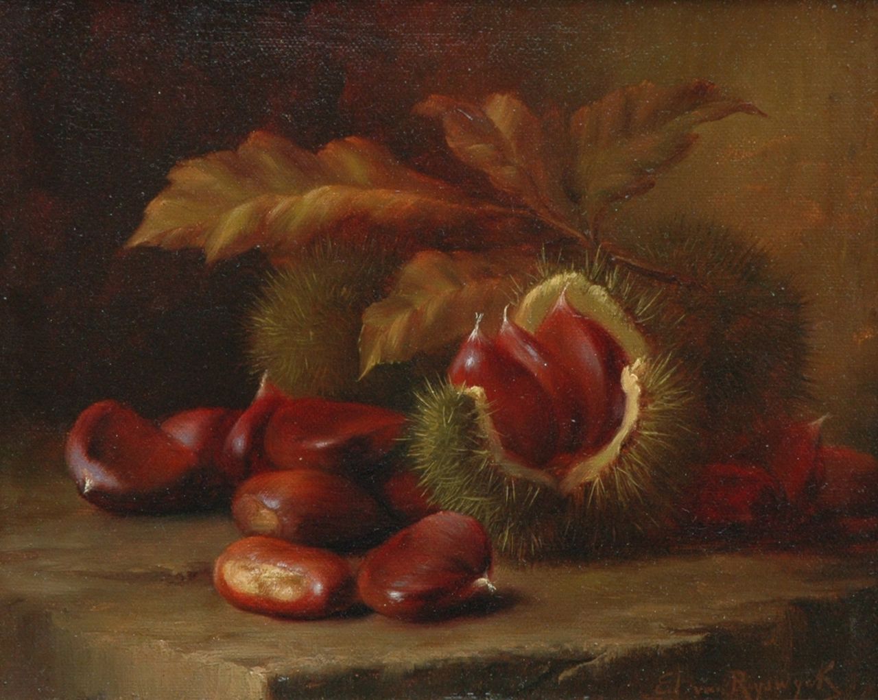 Ryswyck E. van | Edward van Ryswyck, Still life with sweet chestnuts, Ölfarbeskizze auf Malereifaser 21,8 x 26,8 cm, signed l.r.