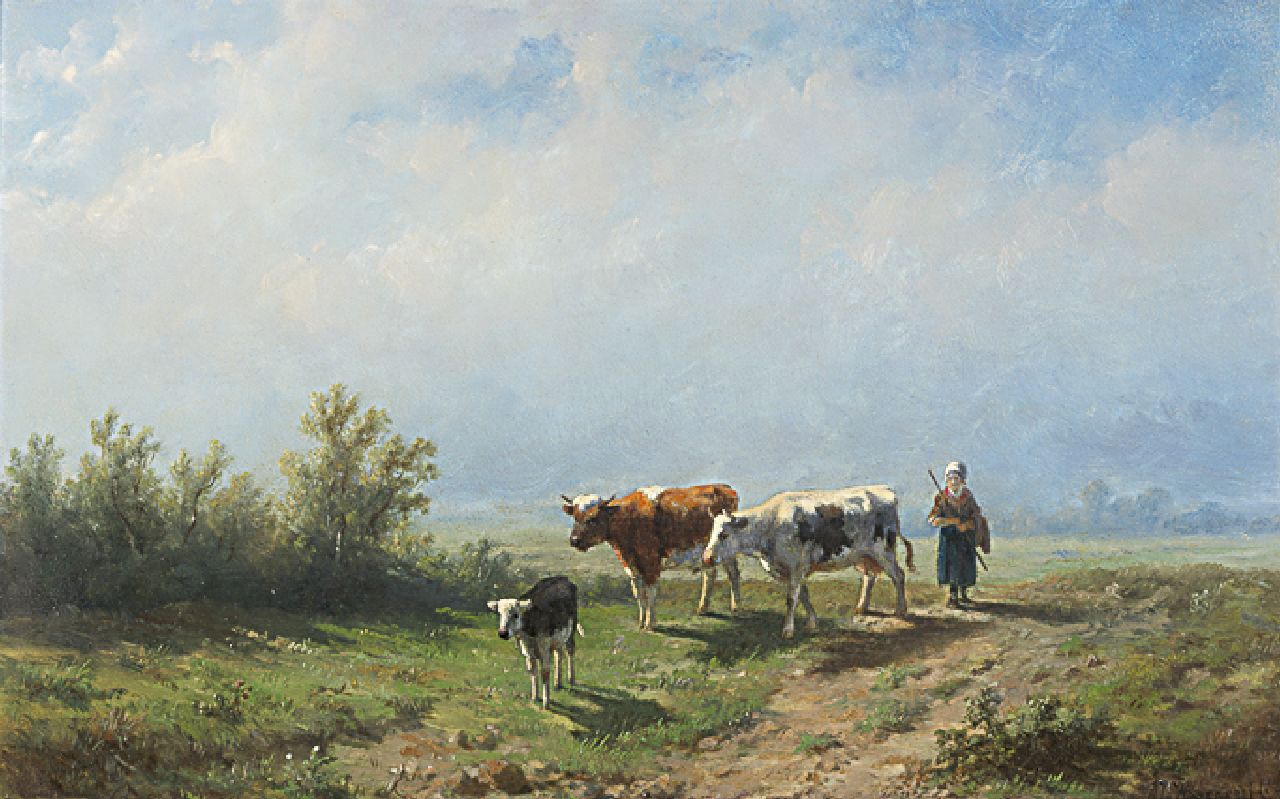 Wijngaerdt A.J. van | Anthonie Jacobus van Wijngaerdt, In der Weide bei Tagesanbruch, Öl auf Holz 23,0 x 36,1 cm, Unterzeichnet r.u.