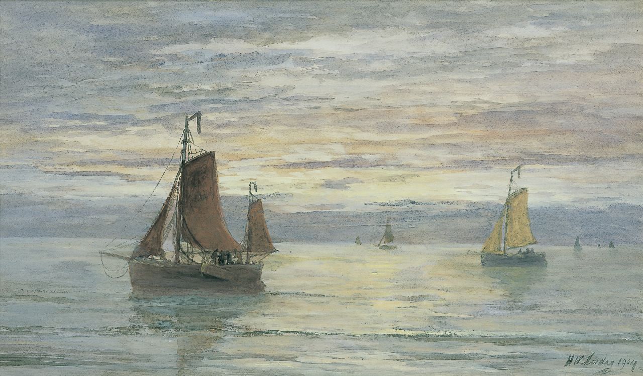 Mesdag H.W.  | Hendrik Willem Mesdag, Sailing vessels at dusk, Aquarell auf Papier 39,3 x 66,5 cm, signed l.r. und dated 1904