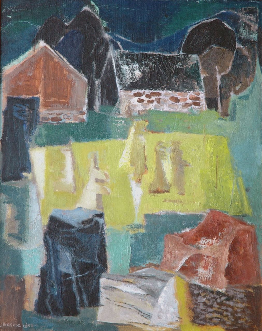 Bosma W.  | Willem 'Wim' Bosma, Stones, sheafs of corn and a farm, Öl auf Malereifaser 50,0 x 40,0 cm, signed l.l. und painted 1956