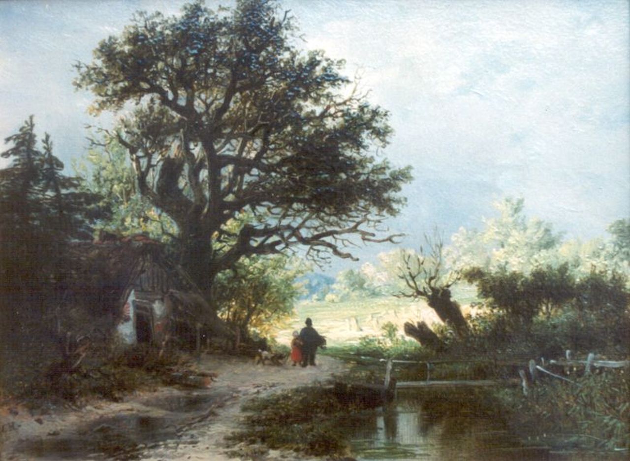 Haanen R.A.  | Remigius Adrianus Haanen, Travellers in a Landscape, Öl auf Holz 12,4 x 16,4 cm, signed l.l. with monogram