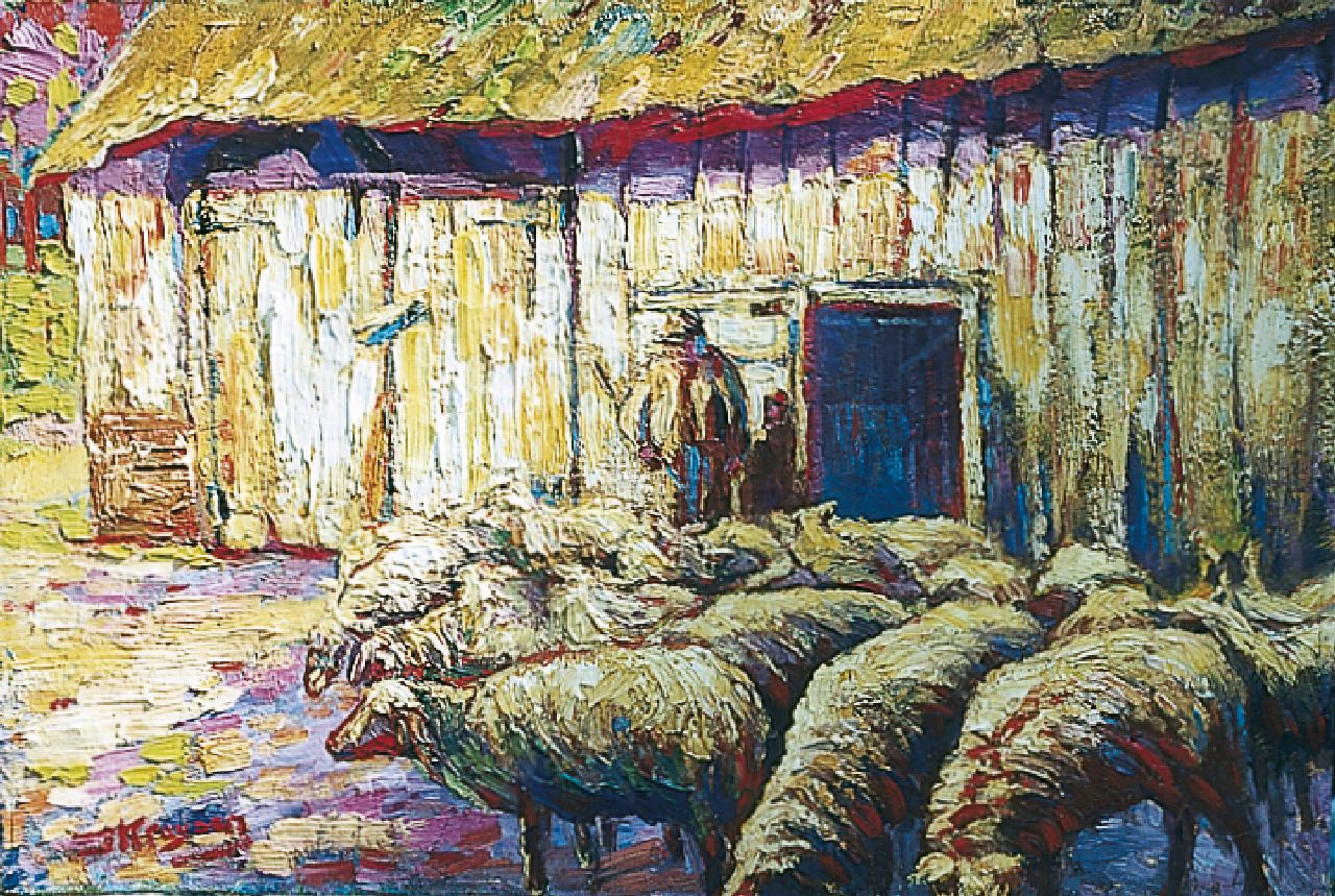 Kruysen J.  | Johannes 'Jan' Kruysen, A shepherd with flock, Öl auf Leinwand 34,2 x 51,0 cm, signed l.l.; und data  circa 1915