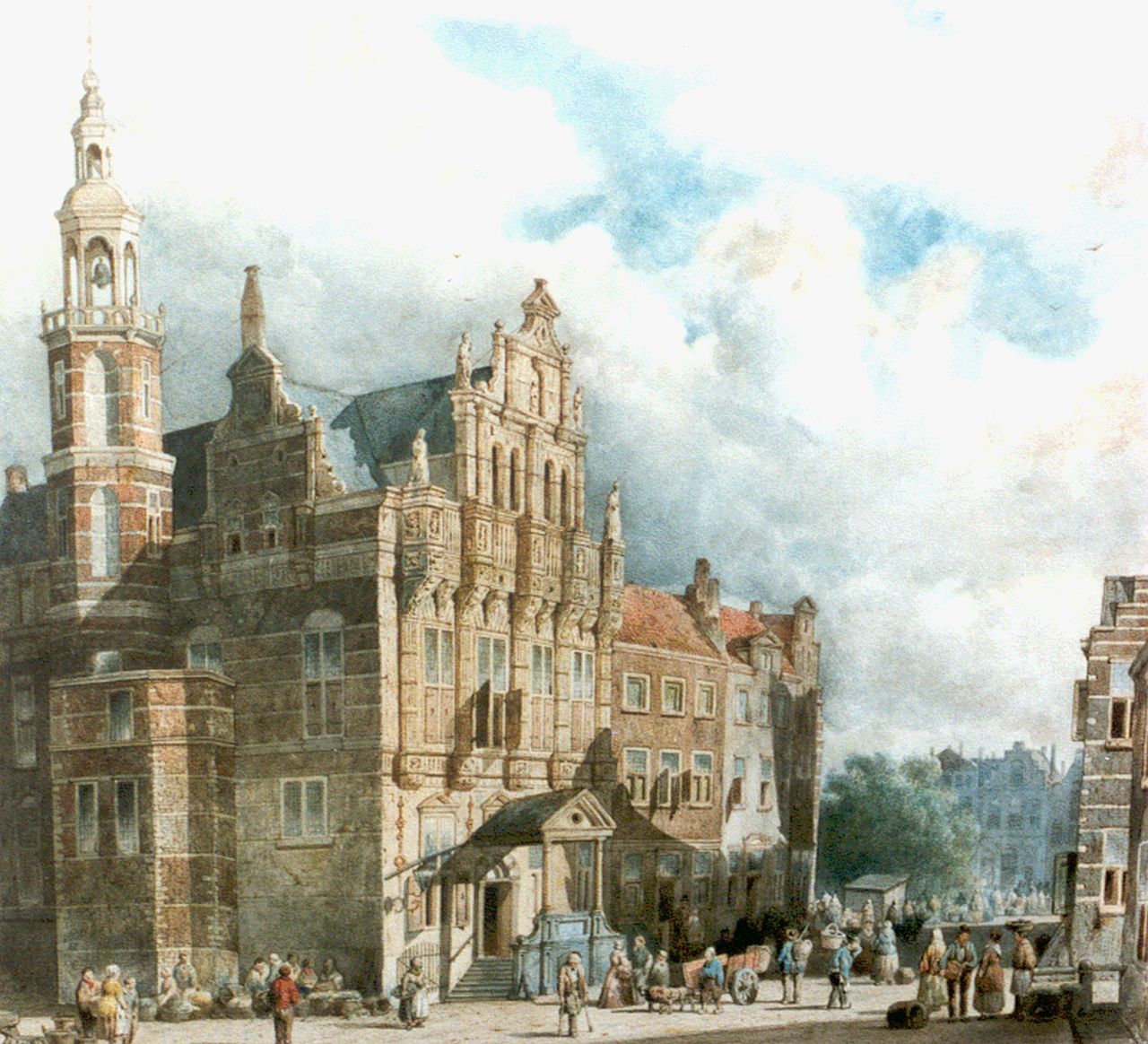 Vrolijk J.A.  | Jacobus 'Adriaan' Vrolijk, Figures on a village square, The Hague, Aquarell auf Papier 40,2 x 43,0 cm, signed l.r. und dated 1860