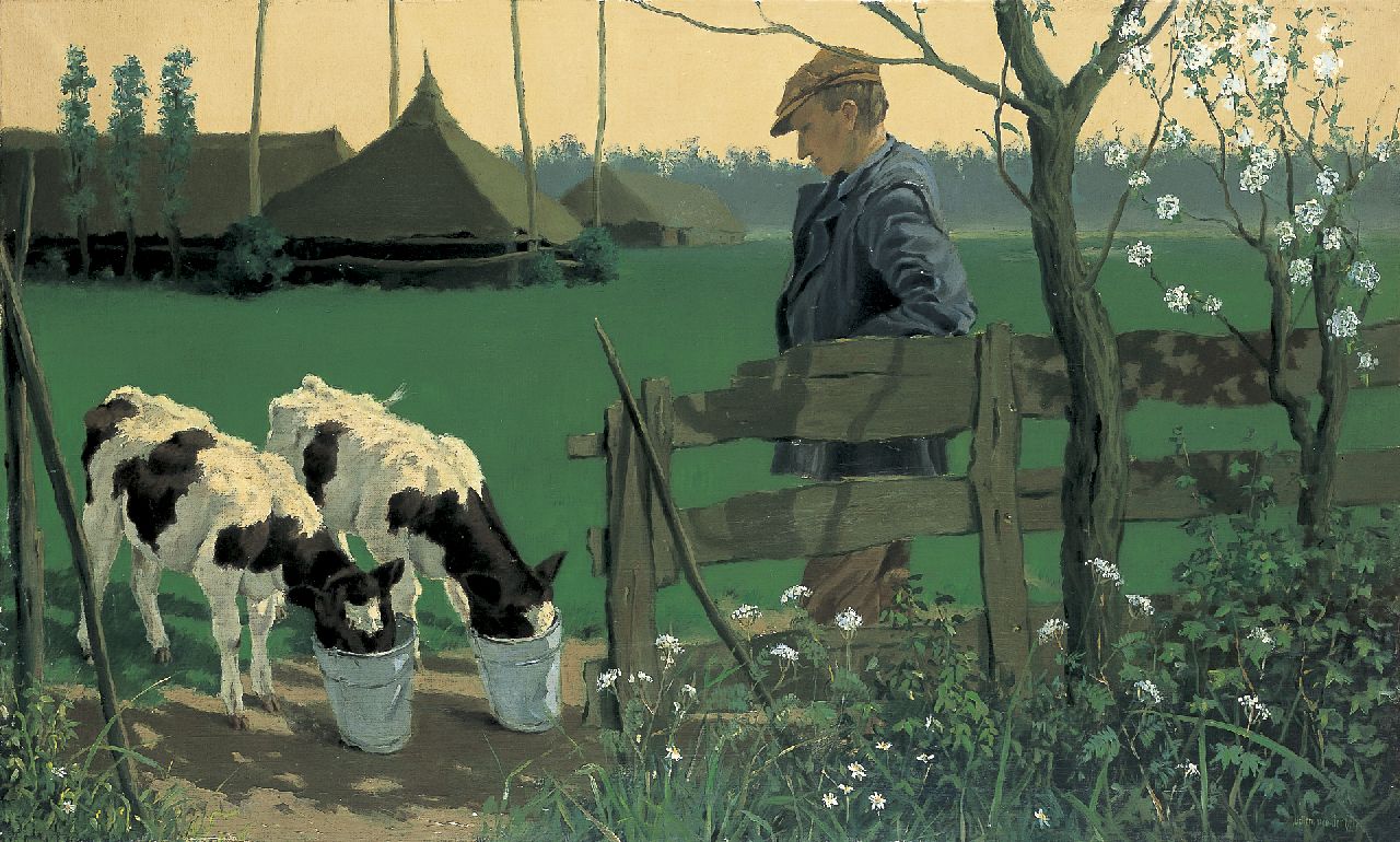 Ven W. van der | Willem van der Ven, Feeding the calfs, Öl auf Leinwand 60,3 x 100,0 cm, signed l.r.