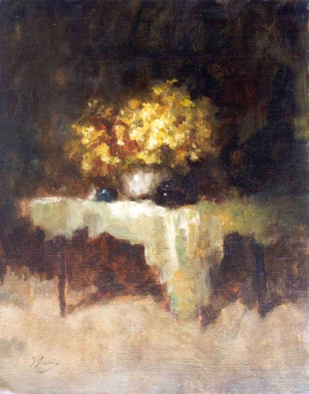 Surie J.  | Jacoba 'Coba' Surie, Innenraum mit Blumenstilleben auf einem Tisch, Öl auf Leinwand 49,9 x 40,3 cm, Unterzeichnet l.u.