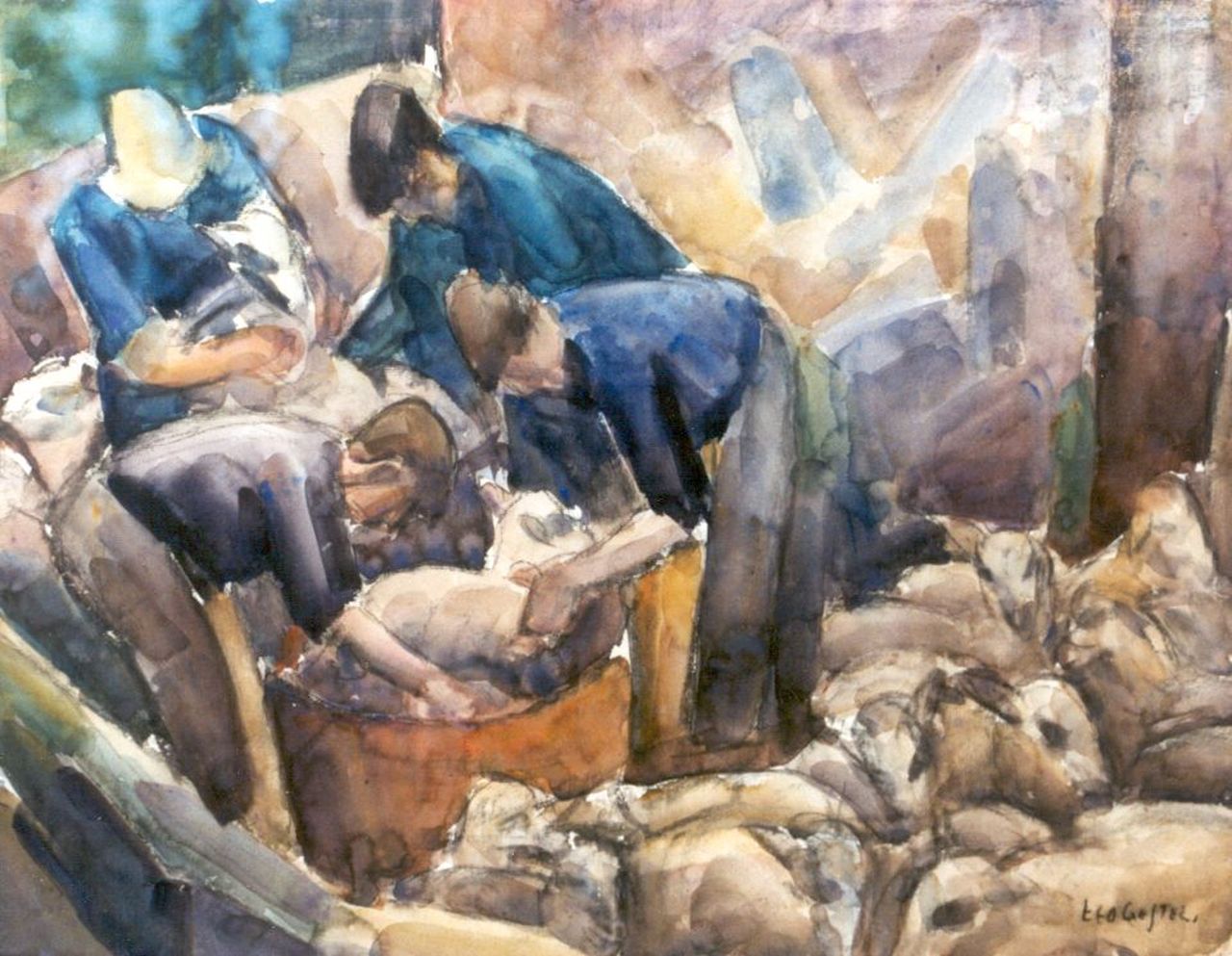 Gestel L.  | Leendert 'Leo' Gestel, Sheepshearers, Holzkohle und Aquarell auf Papier 47,4 x 61,5 cm, signed l.r. und painted circa 1926