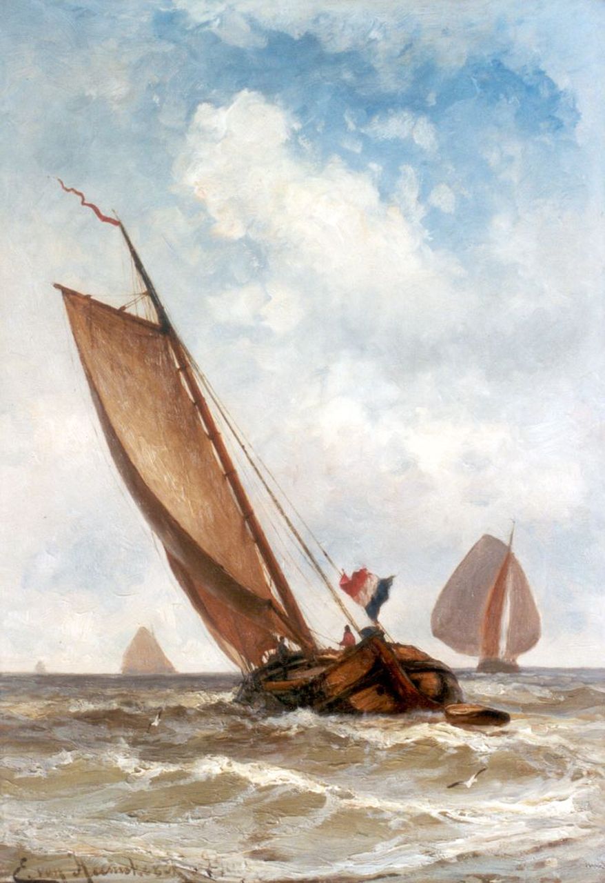 Heemskerck van Beest J.E. van | Jacob Eduard van Heemskerck van Beest, Dutch Sailing Vessel at Sea, Öl auf Holz 50,9 x 35,2 cm, signed l.l.