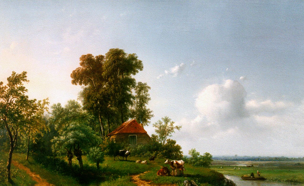 Vrolijk J.A.  | Jacobus 'Adriaan' Vrolijk, An extensive landscape in summer, Öl auf Holz 47,9 x 67,4 cm, signed l.l.