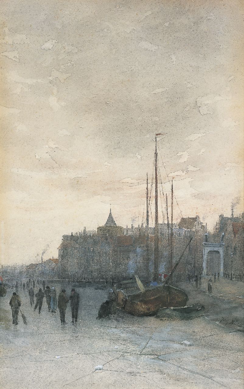 Neuhuys J.H.  | Joseph Hendrikus 'Jozef' Neuhuys, Skaters on the river IJssel, Kampen, Aquarell auf Papier 45,1 x 28,6 cm, signed l.r.