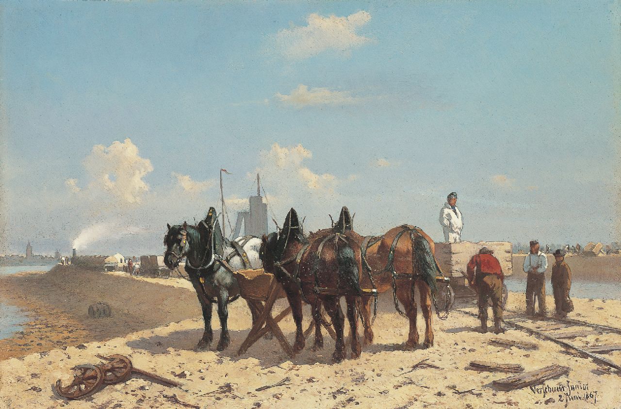 Verschuur jr. W.  | Wouter Verschuur jr., The construction of the Noordzeekanal, Öl auf Holz 17,8 x 26,8 cm, signed l.r. und dated 2 juni 1867