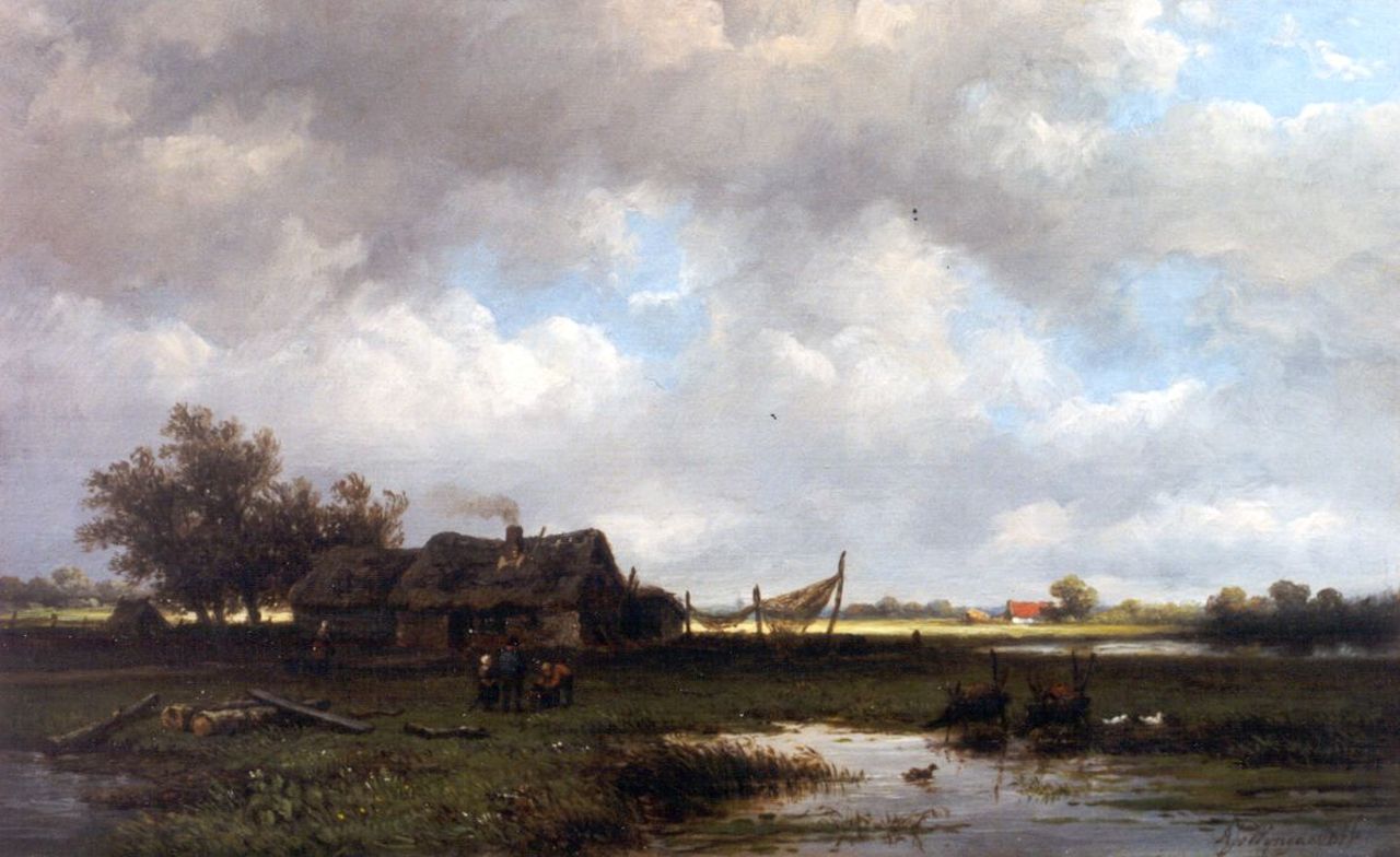 Wijngaerdt A.J. van | Anthonie Jacobus van Wijngaerdt, An extensive river landscape, Öl auf Holz 22,3 x 36,2 cm, signed l.r.
