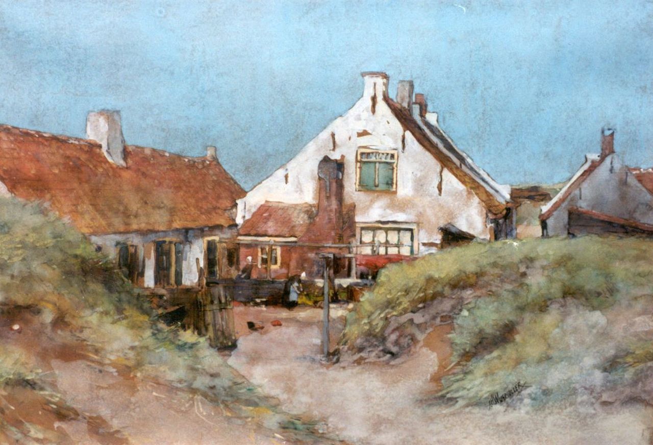 Wijsmuller J.H.  | Jan Hillebrand Wijsmuller, Houses in the dunes,Katwijk aan Zee, Schwarze Kreide und Aquarell auf Papier 39,7 x 55,3 cm, signed l.r.