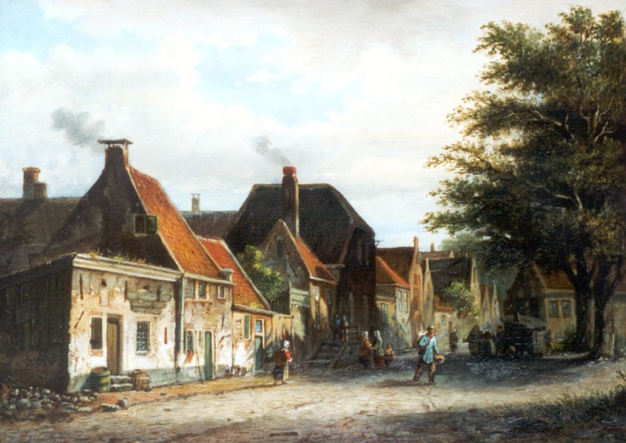 Mittertreiner J.J.  | Johannes Jacobus Mittertreiner, Daily activities in a sunlit Dutch town, Öl auf Holz 28,6 x 40,0 cm