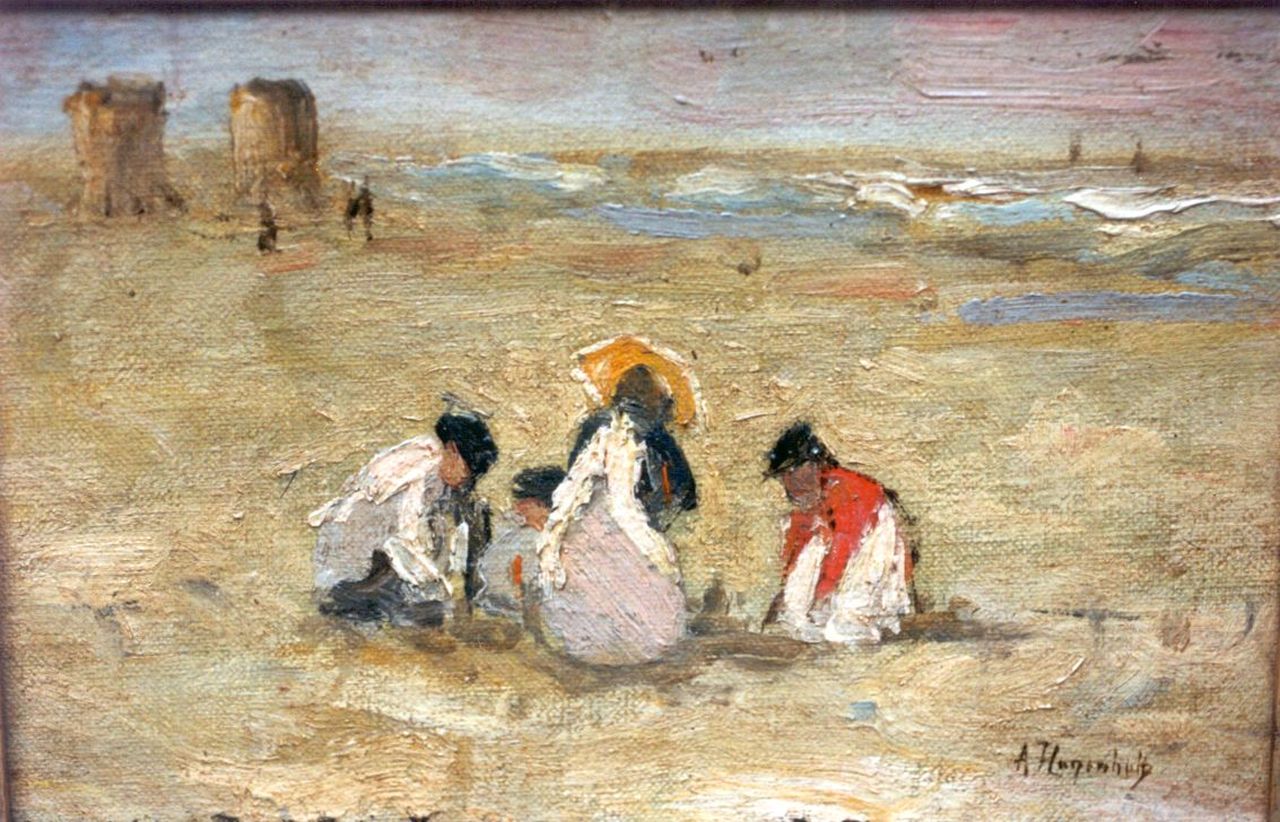 Arina Hugenholtz | Children playing on the beach, Öl auf Leinwand auf Holz, 13,5 x 22,5 cm, signed l.r.