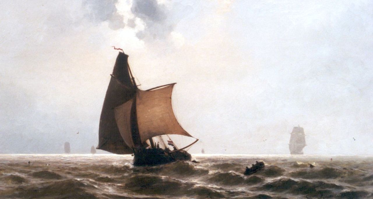 Heemskerck van Beest J.E. van | Jacob Eduard van Heemskerck van Beest, Sailing Vessels at Sea, Öl auf Holz 50,7 x 92,0 cm, signed l.r.