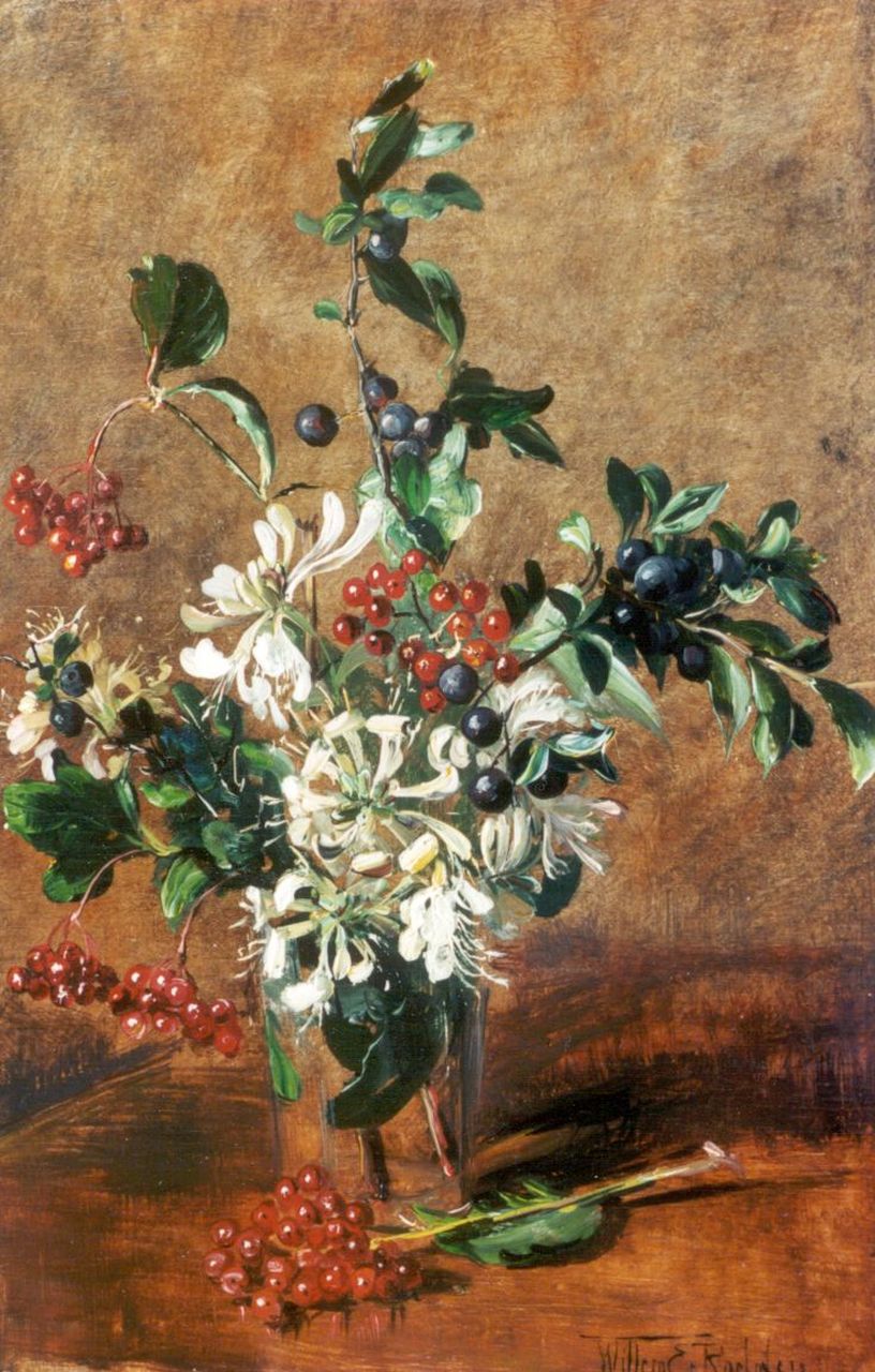 Roelofs jr. W.E.  | Willem Elisa Roelofs jr., Fower still life with honeysuckle and berries, Öl auf Holz 45,2 x 30,1 cm, signed l.r.