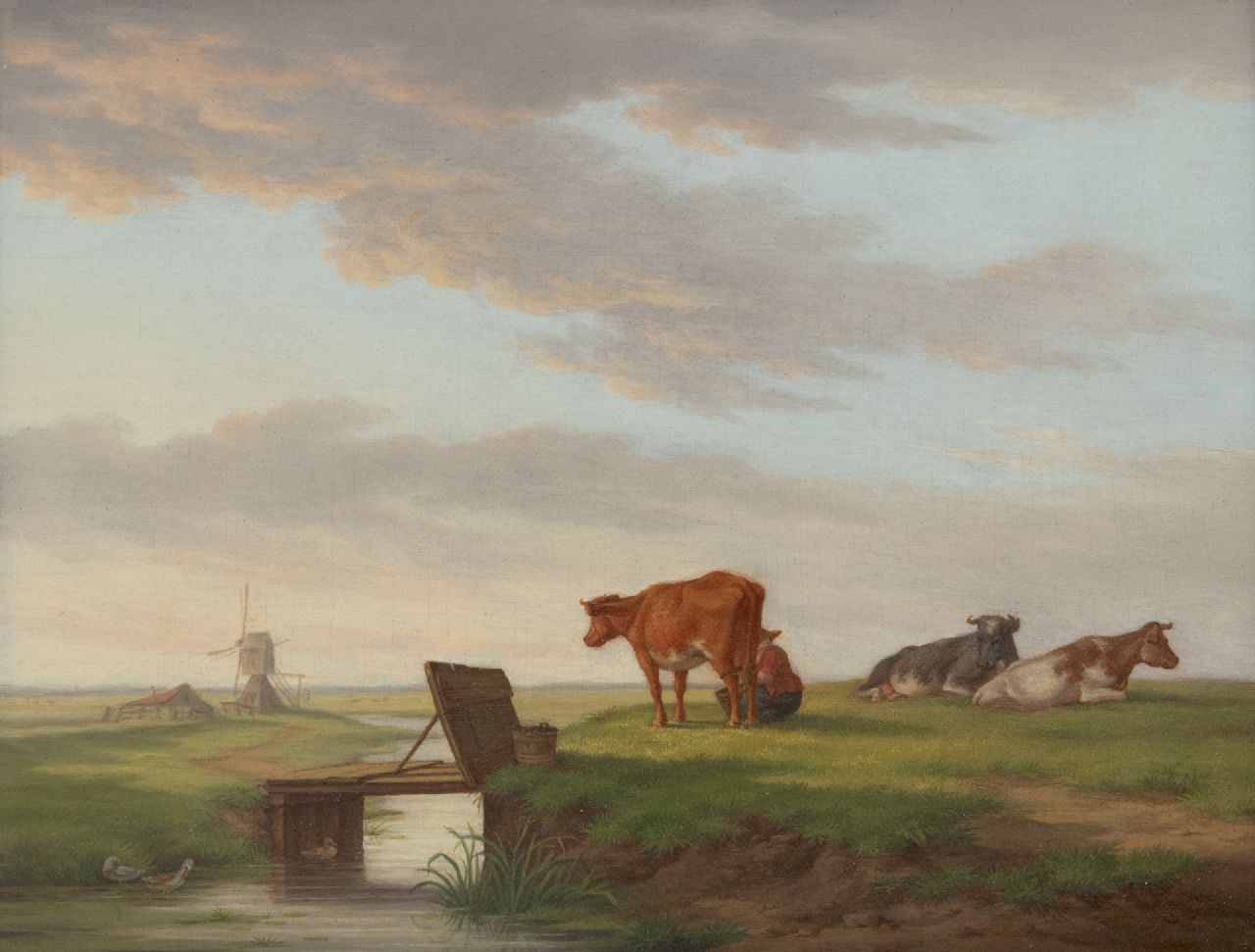 Burgh H.A. van der | Hendrik Adam van der Burgh | Gemälde zum Verkauf angeboten | Kühe in einer Landschaft mit Mühle, Öl auf Holz 20,4 x 26,3 cm, Unterzeichnet r.u. und datiert 1821