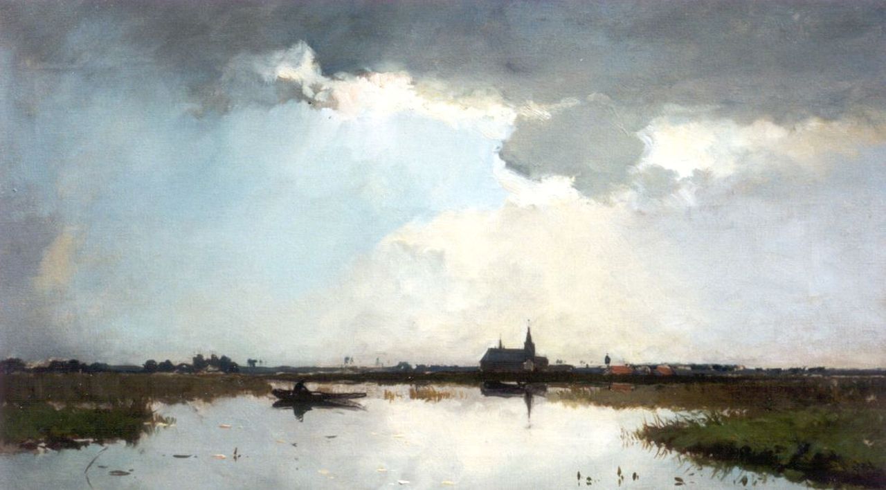 Weissenbruch W.J.  | 'Willem' Johannes Weissenbruch, River view with fisherman and a church in the distance, Öl auf Leinwand 35,4 x 60,3 cm, signed l.l.