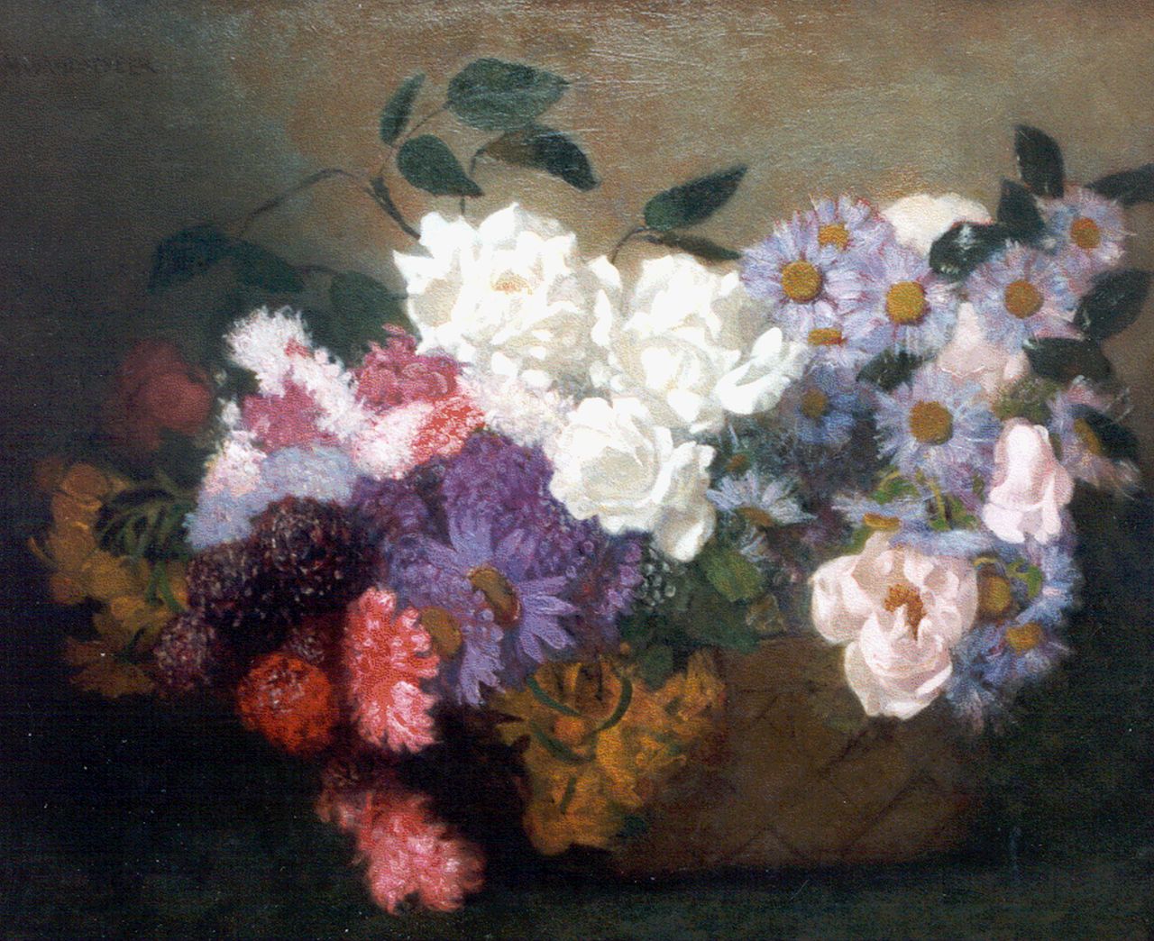 Wandscheer M.W.  | Maria Wilhelmina 'Marie' Wandscheer, A basket with flowers, Öl auf Leinwand 55,0 x 65,7 cm, signed u.l.