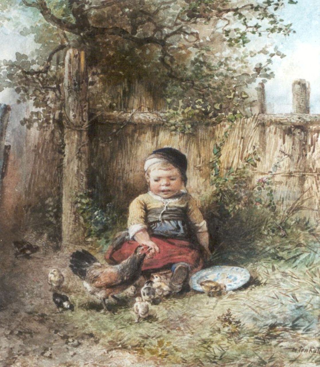 Kate J.M.H. ten | Johan 'Mari' Henri ten Kate, Feeding chickens, Aquarell auf Papier 33,6 x 29,6 cm, signed l.r.