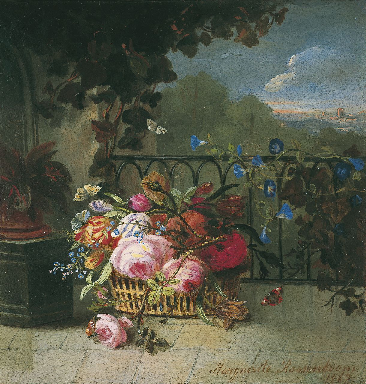 Roosenboom M.C.J.W.H.  | 'Margaretha' Cornelia Johanna Wilhelmina Henriëtta Roosenboom, Flowers in a basket, Öl auf Holz 15,0 x 14,3 cm, signed l.r. und dated 1863