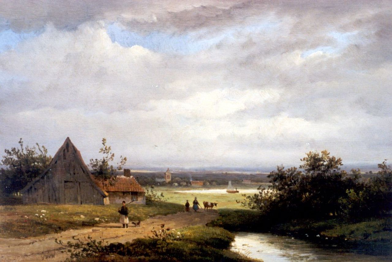 Wisselingh J.P. van | Johannes Pieter van Wisselingh, An extensive landscape with travellers, Öl auf Holz 23,4 x 34,2 cm, signed l.l. with monogram