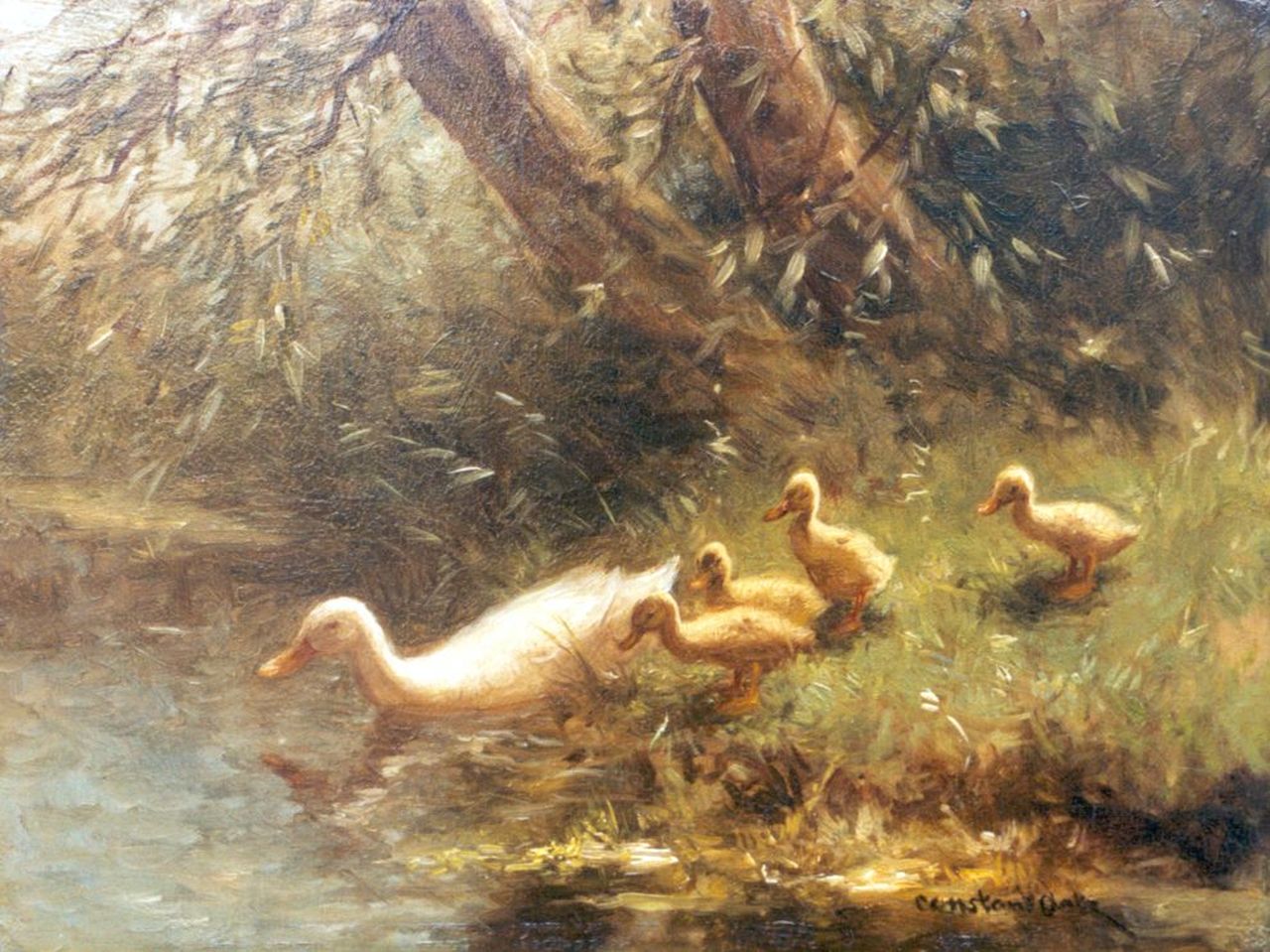 Artz C.D.L.  | 'Constant' David Ludovic Artz, A hen and ducklings watering, Öl auf Holz 18,0 x 24,0 cm, signed l.r.