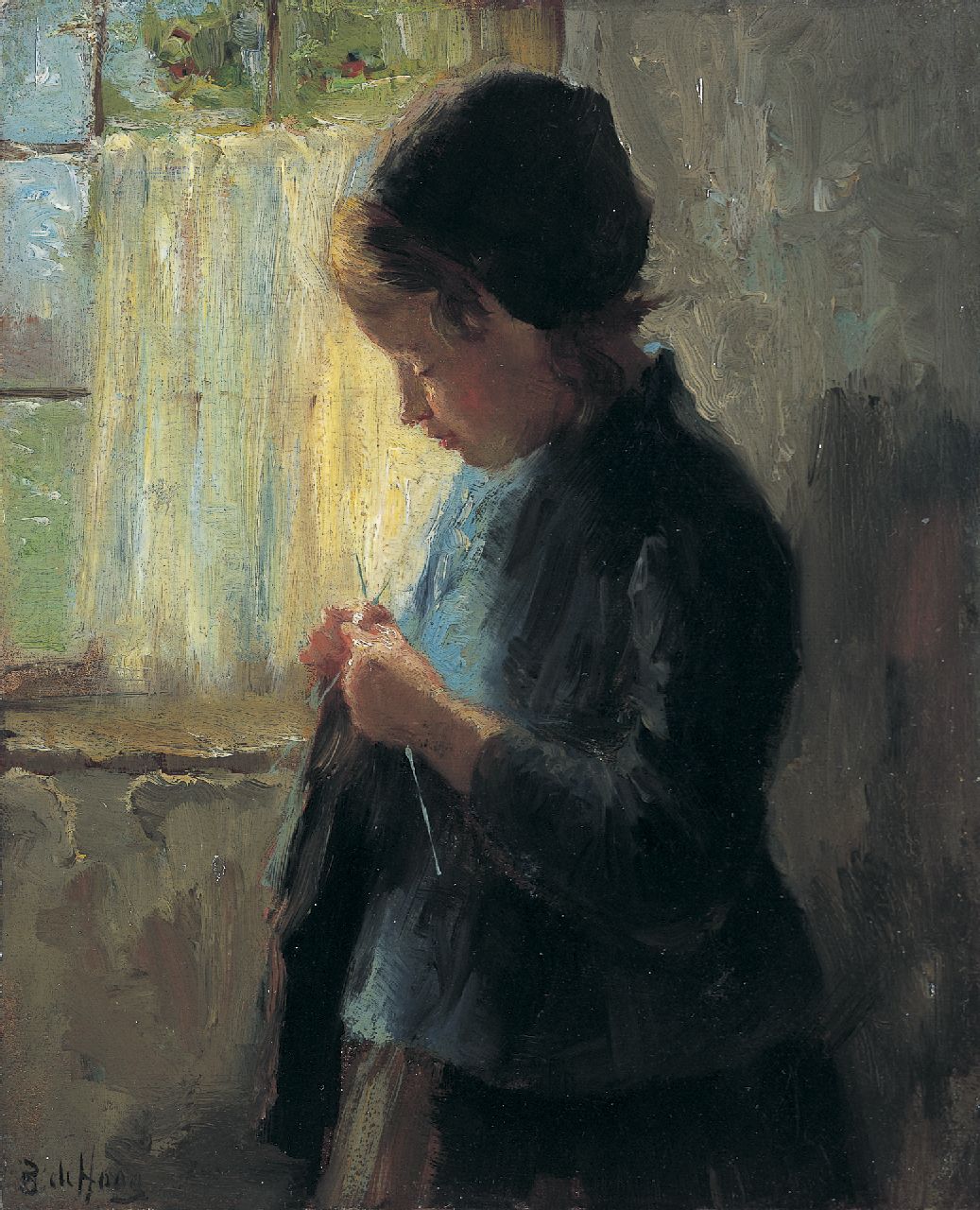 Hoog J.B. de | Johan 'Bernard' de Hoog, A girl knitting, Öl auf Holz 16,7 x 13,7 cm, signed l.l.