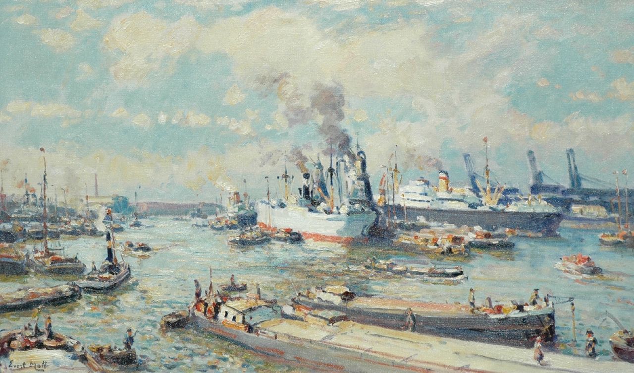 Moll E.  | Evert Moll, A harbour view, Rotterdam, Öl auf Leinwand 60,2 x 100,2 cm, signed l.l.