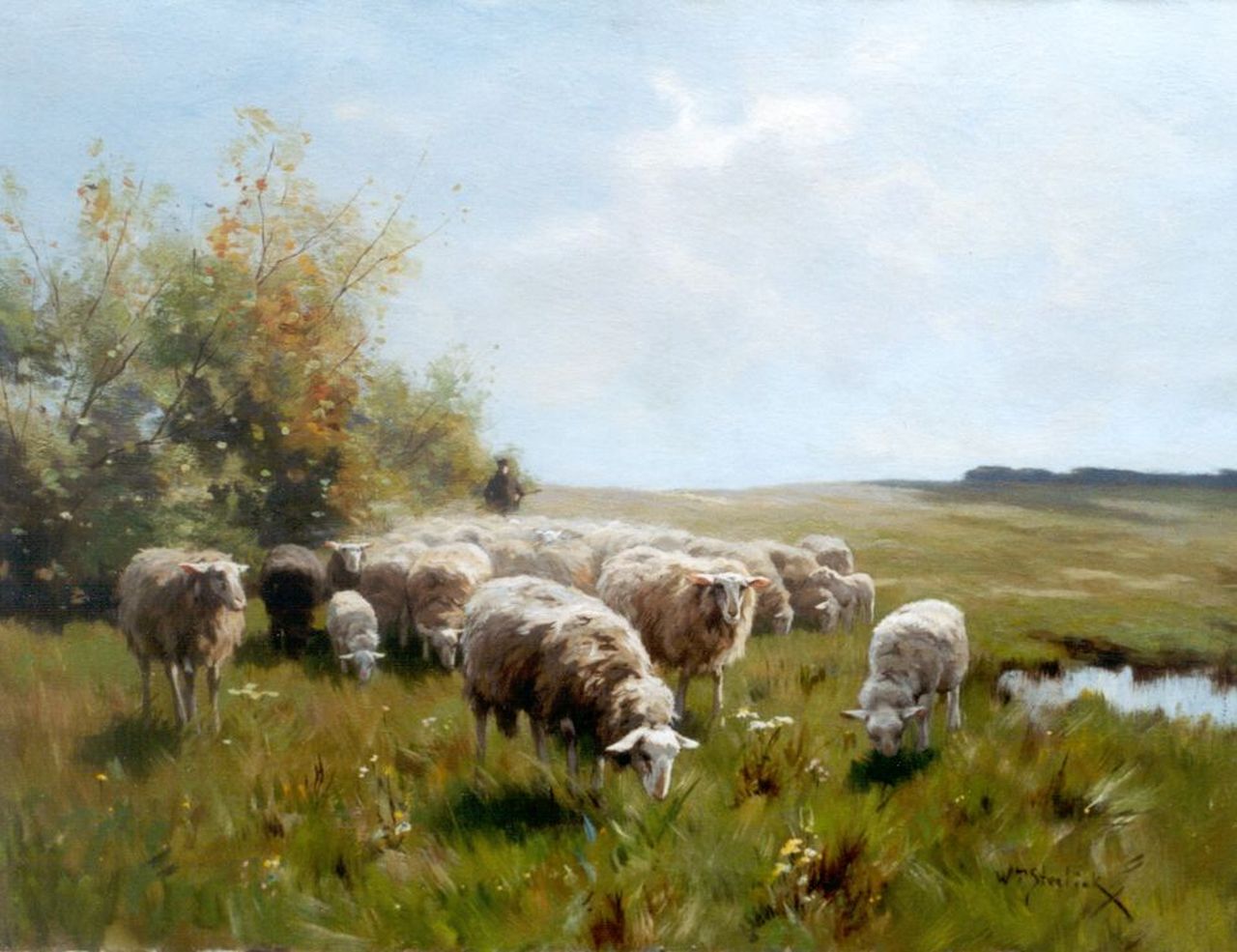 Steelink jr. W.  | Willem Steelink jr., A shepherd with his flock, Öl auf Leinwand 51,2 x 66,5 cm, signed l.r.
