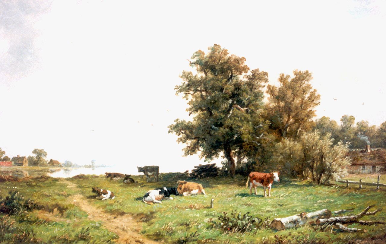 Wijngaerdt A.J. van | Anthonie Jacobus van Wijngaerdt, Cattle in a meadow, Öl auf Leinwand 33,0 x 48,0 cm, signed l.l.