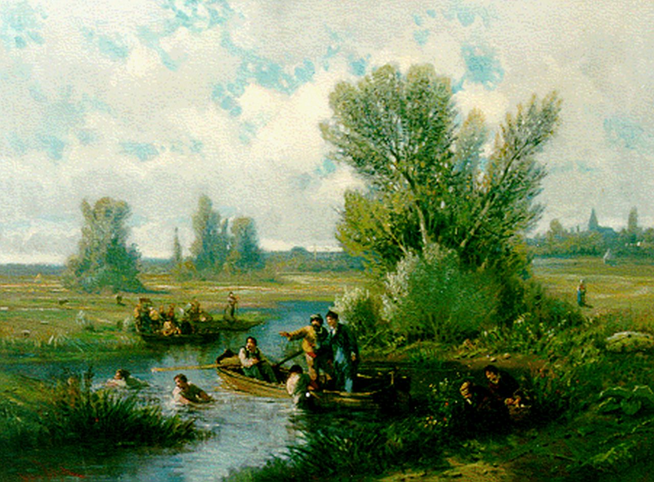 Wijk H. van | Henri van Wijk, Children playing in a polder landscape, Öl auf Leinwand 48,5 x 65,0 cm, signed l.l.