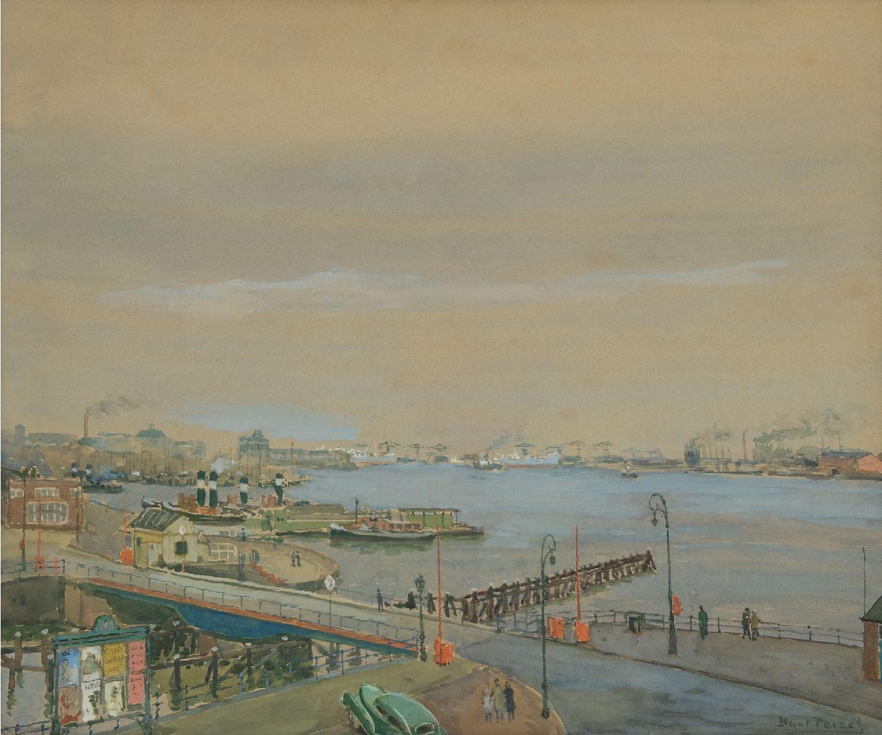 Peizel B.  | Bartele 'Bart' Peizel | Aquarelle und Zeichnungen zum Verkauf angeboten | Ansicht auf den Hafen von Amsterdam, Aquarell auf Malerholzfaser 49,1 x 58,8 cm, Unterzeichnet u.r.
