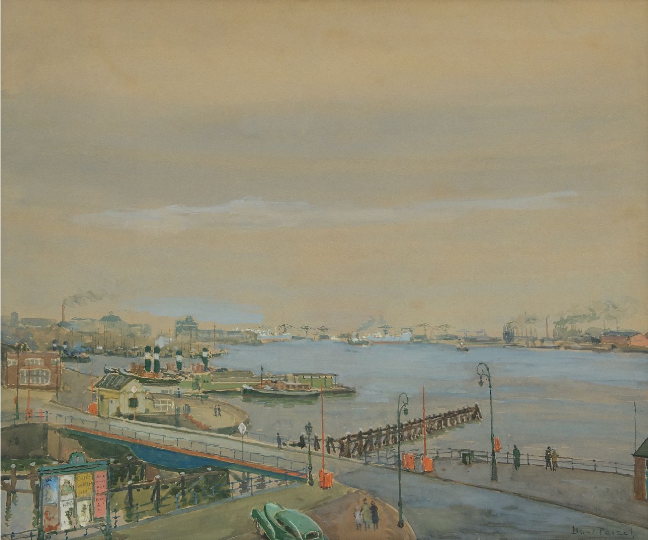 Bart Peizel | Ansicht auf den Hafen von Amsterdam, Aquarell auf Malerholzfaser, 49,1 x 58,8 cm, Unterzeichnet r.u.