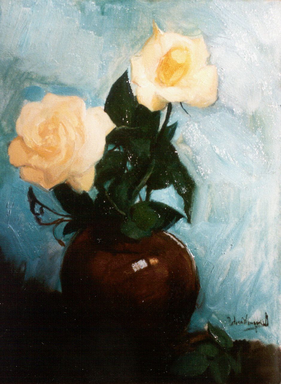 Wijngaerdt P.T. van | Petrus Theodorus 'Piet' van Wijngaerdt, A still life with yellow roses, Öl auf Leinwand 50,0 x 37,3 cm, signed l.r.