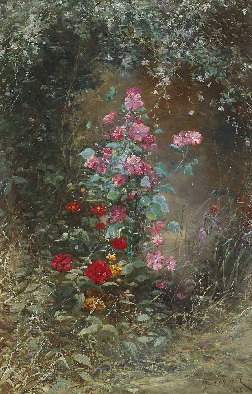 Legrand J.T.  | Jacques 'Théodore' Legrand, Blumenmeer im Wald, Öl auf Leinwand 92,3 x 59,8 cm, Unterzeichnet r.u. und datiert 1886