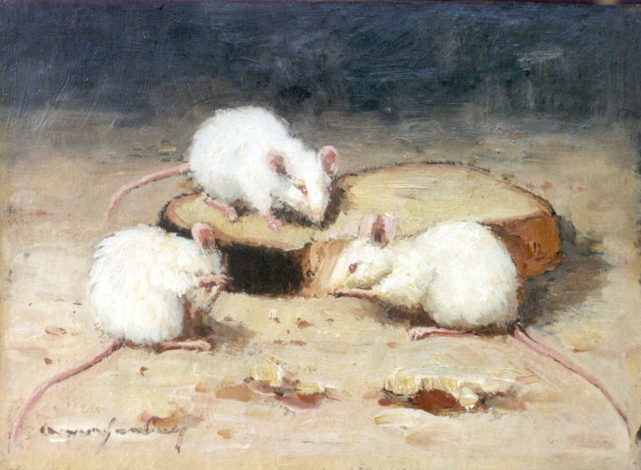 Wassenburg A.  | Arie Wassenburg, White mice, Öl auf Malereifaser 14,8 x 20,2 cm, signed l.l.