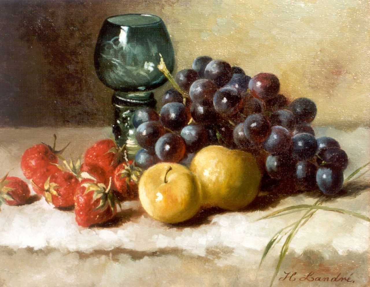 Landré-van der Kellen H.W.  | Hendrika Wilhelmina Landré-van der Kellen, A still life with grapes and strawberries, Öl auf Leinwand 25,0 x 31,0 cm, signed l.r.