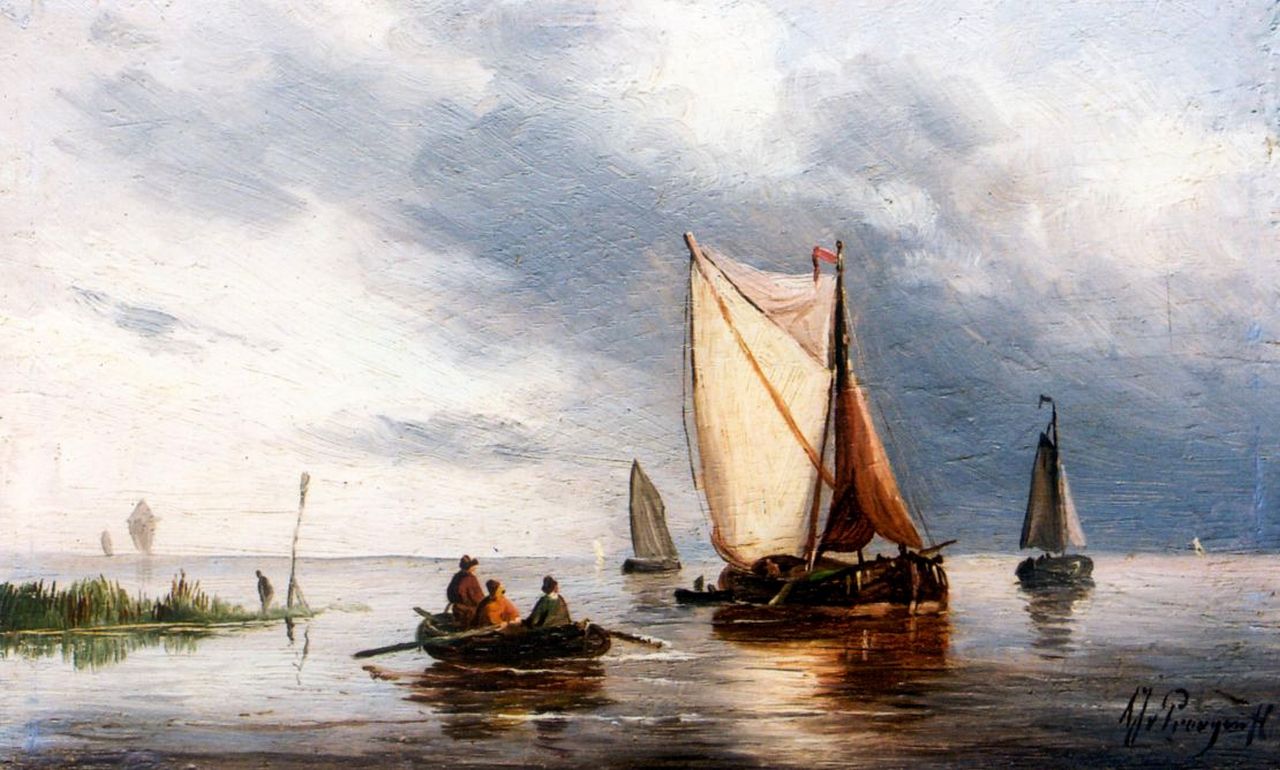 Prooijen A.J. van | Albert Jurardus van Prooijen, Sailing vessels in a calm, Öl auf Holz 15,7 x 25,8 cm, signed l.r.