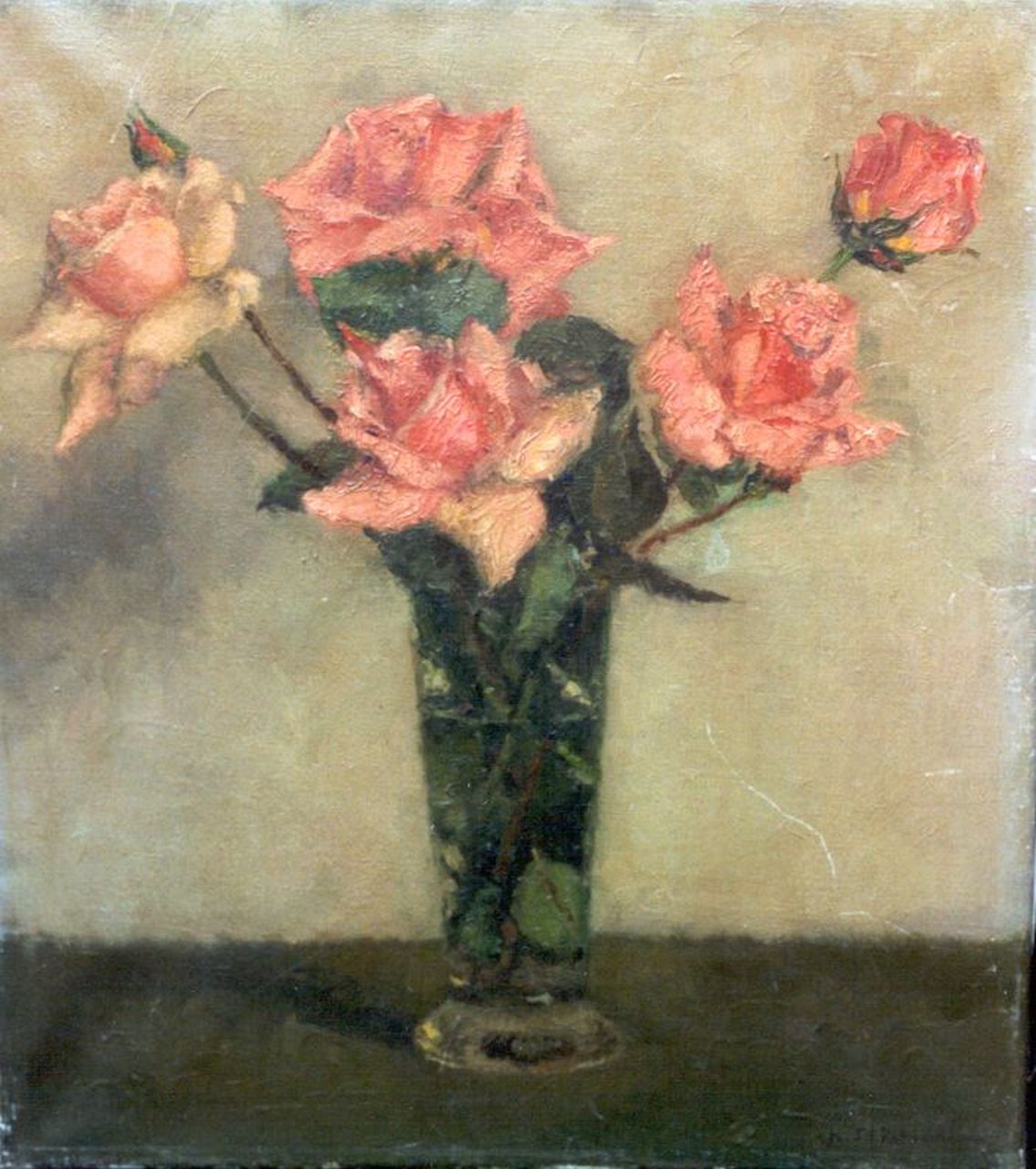 Cees Timmering | Pink roses in a vase, Öl auf Leinwand, 40,0 x 35,0 cm, signed l.r.