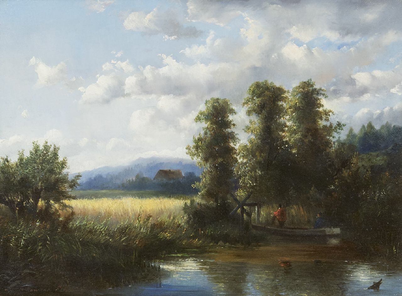Hendrik Dirk Kruseman van Elten | landschaft mit Getreidefeldern und Fischern, Öl auf Holz, 28,0 x 37,0 cm, Unterzeichnet l.u.