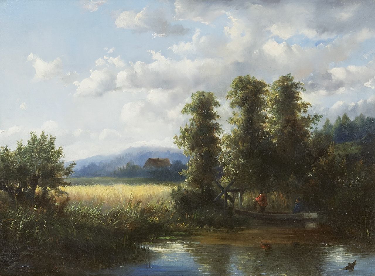 Kruseman van Elten H.D.  | Hendrik Dirk Kruseman van Elten | Gemälde zum Verkauf angeboten | landschaft mit Getreidefeldern und Fischern, Öl auf Holz 28,0 x 37,0 cm, Unterzeichnet l.u.