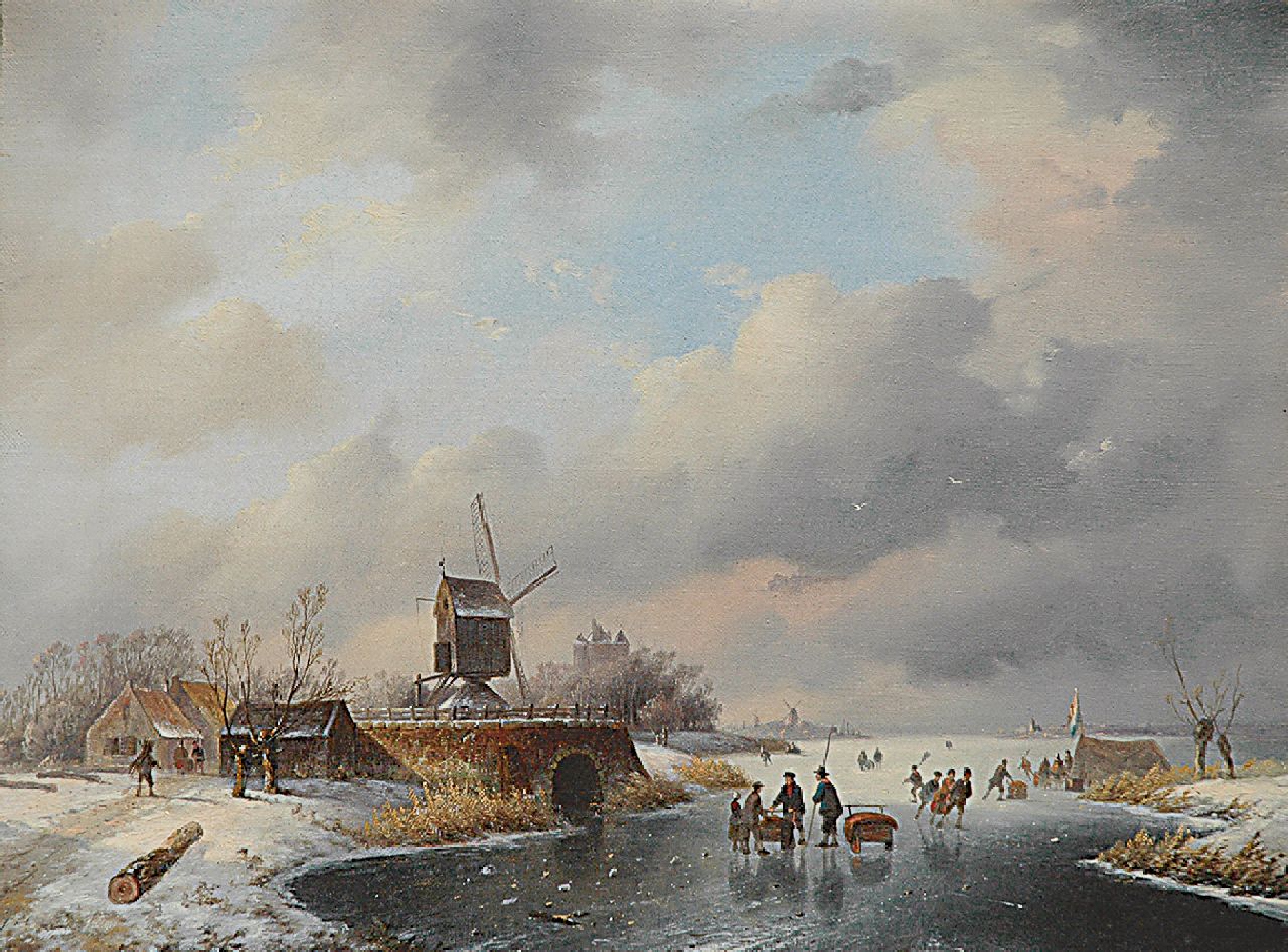 Hoedt J.H.W.  | Jan Hendrik Willem Hoedt, Skaters on ice around a 'koek-en-zopie', Öl auf Leinwand 35,9 x 46,7 cm, gesigneerd linksonder met monogram
