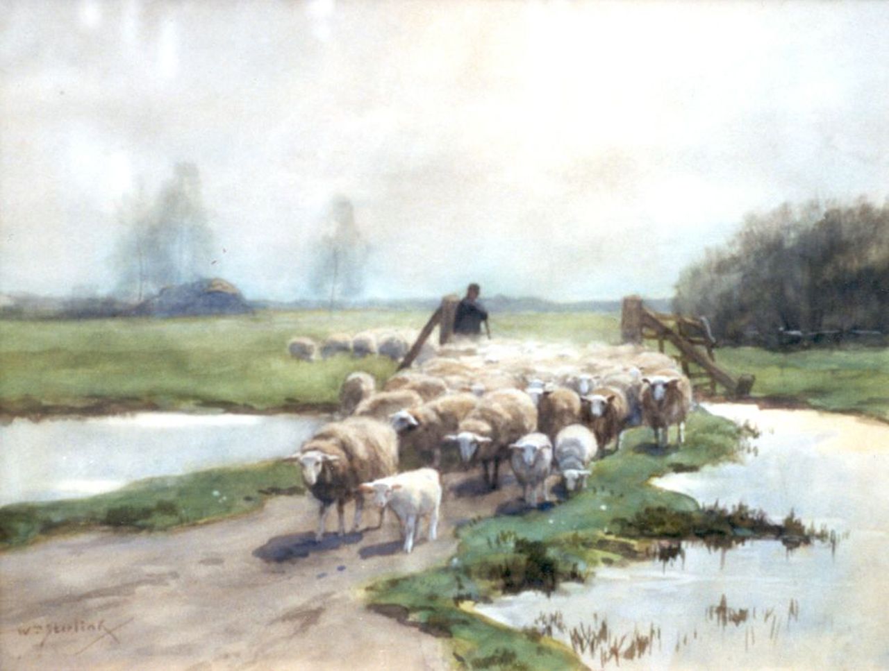 Steelink jr. W.  | Willem Steelink jr., A shepherd and flock, Aquarell auf Papier 30,9 x 40,8 cm, signed l.l.