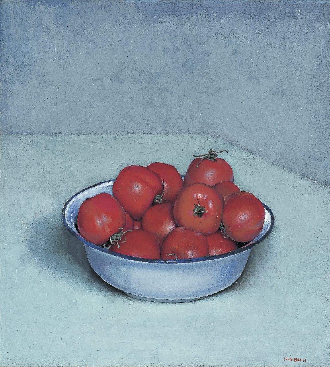Boon J.  | Jan Boon, Tomatoes in a enamel bowl, Öl auf Leinwand 41,1 x 37,3 cm, signed l.r.