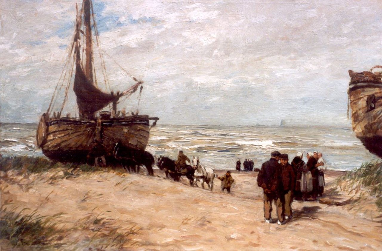 Hambüchen W.  | Wilhelm Hambüchen, 'Bomschuiten' and fisherfolk on the beach of Katwijk, Öl auf Leinwand 50,0 x 75,0 cm, signed l.l.