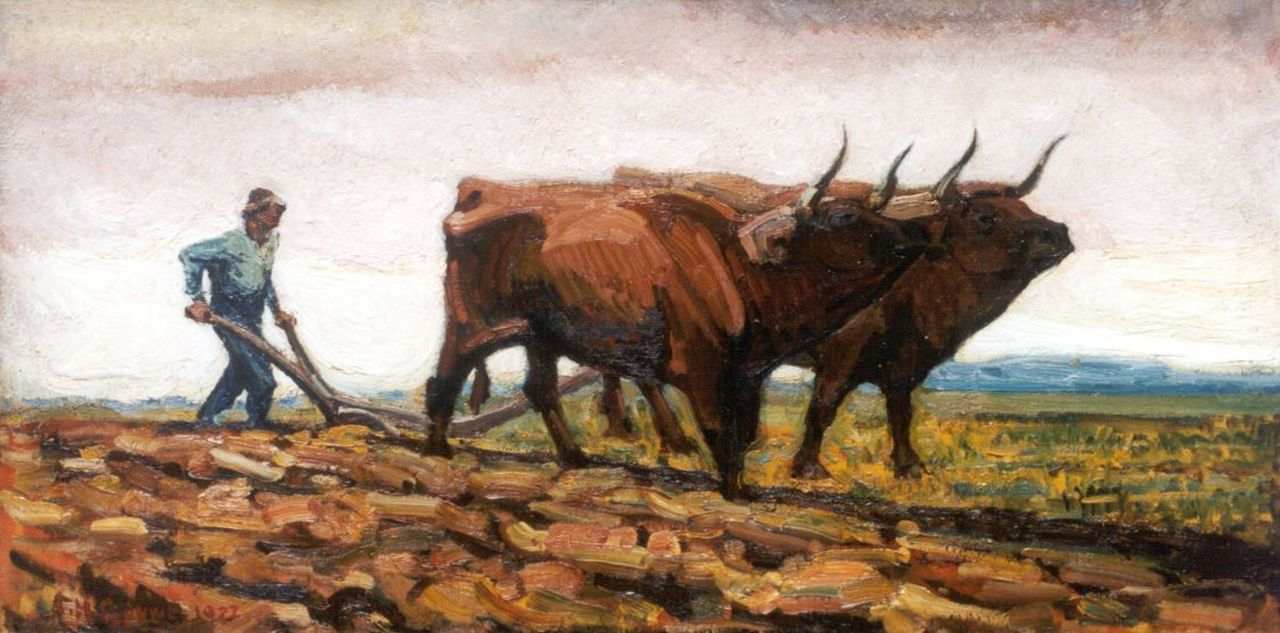 Gouwe A.H.  | Adriaan Herman Gouwe, Ploughing the fields, Öl auf Leinwand 43,2 x 85,3 cm, signed l.l. und dated 1922